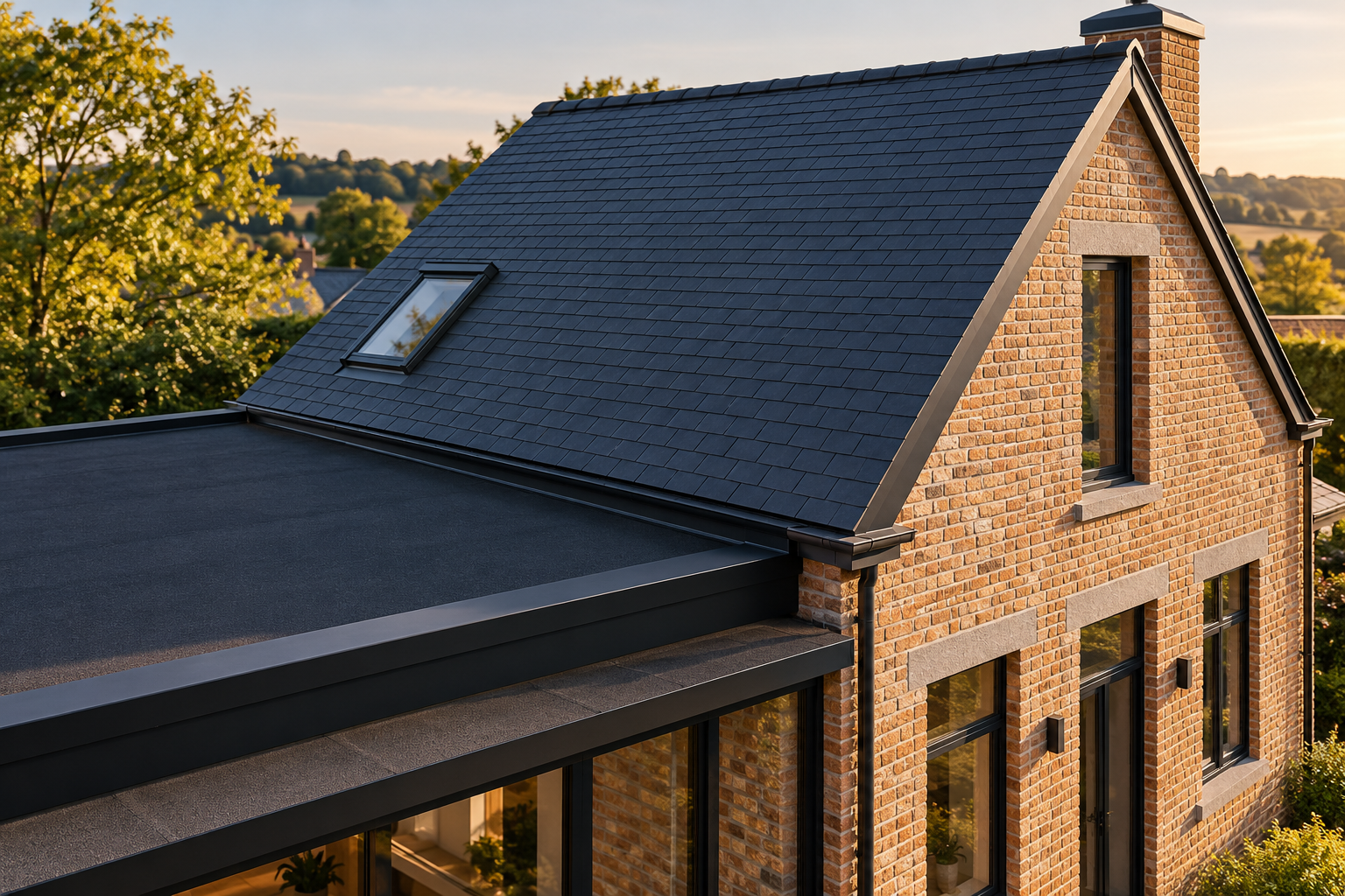 Illustration d’une toiture en ardoises avec finitions en zinc sur une maison en briques